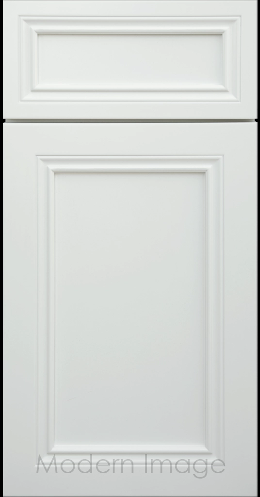 Close-up of Corona cabinets in Dew matte with mitered molding and flat center panel.